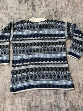 Vintage 90s Women’s Geometric Knit Sweater Mock Neck Blue Black White Acrylic M